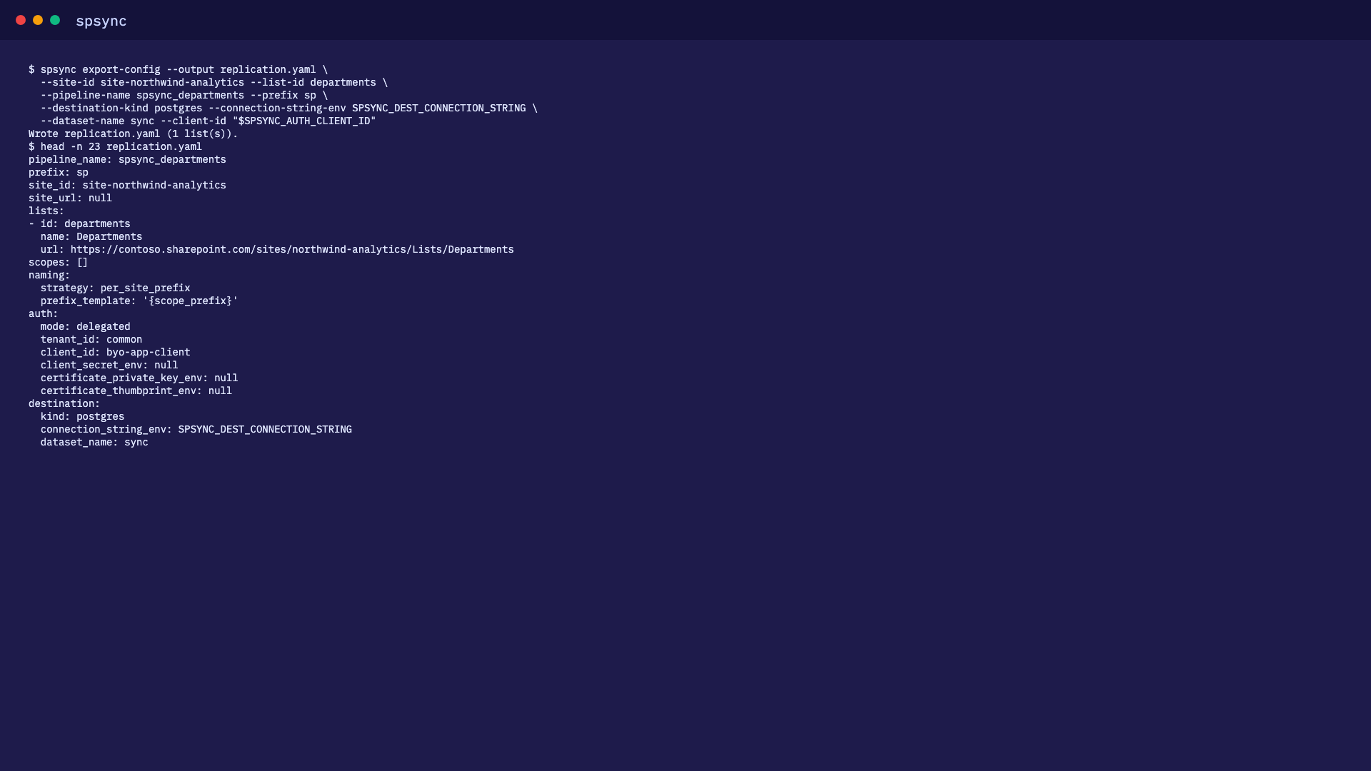 spsync export-config writes the replication as reviewable YAML.