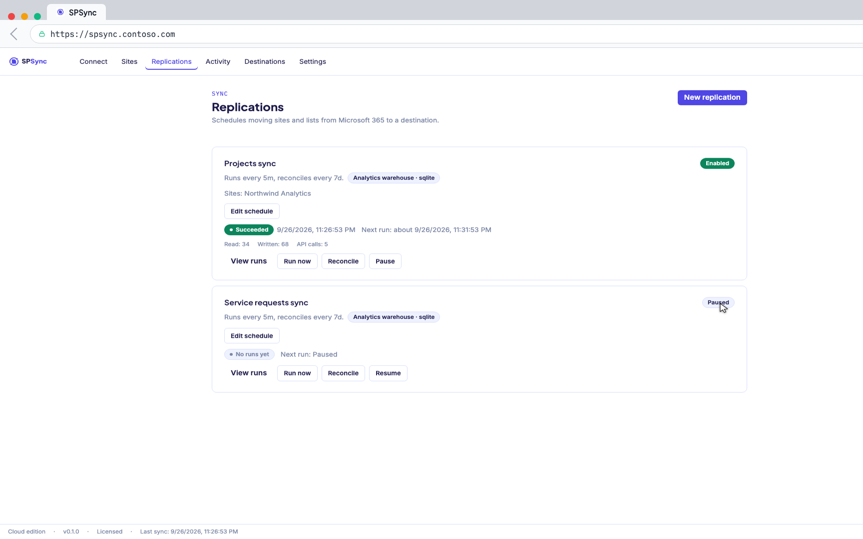 The same replications view, running as a managed application in your own Azure subscription.