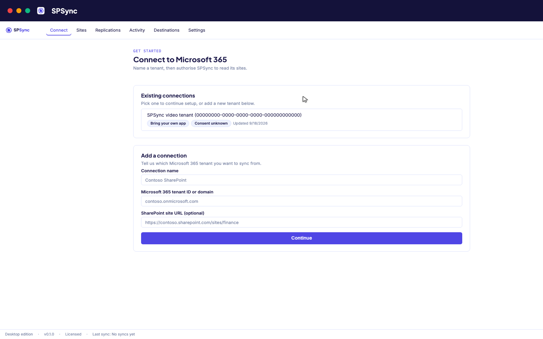 Connect to Microsoft 365 with delegated sign-in, or grant per-site app permissions.