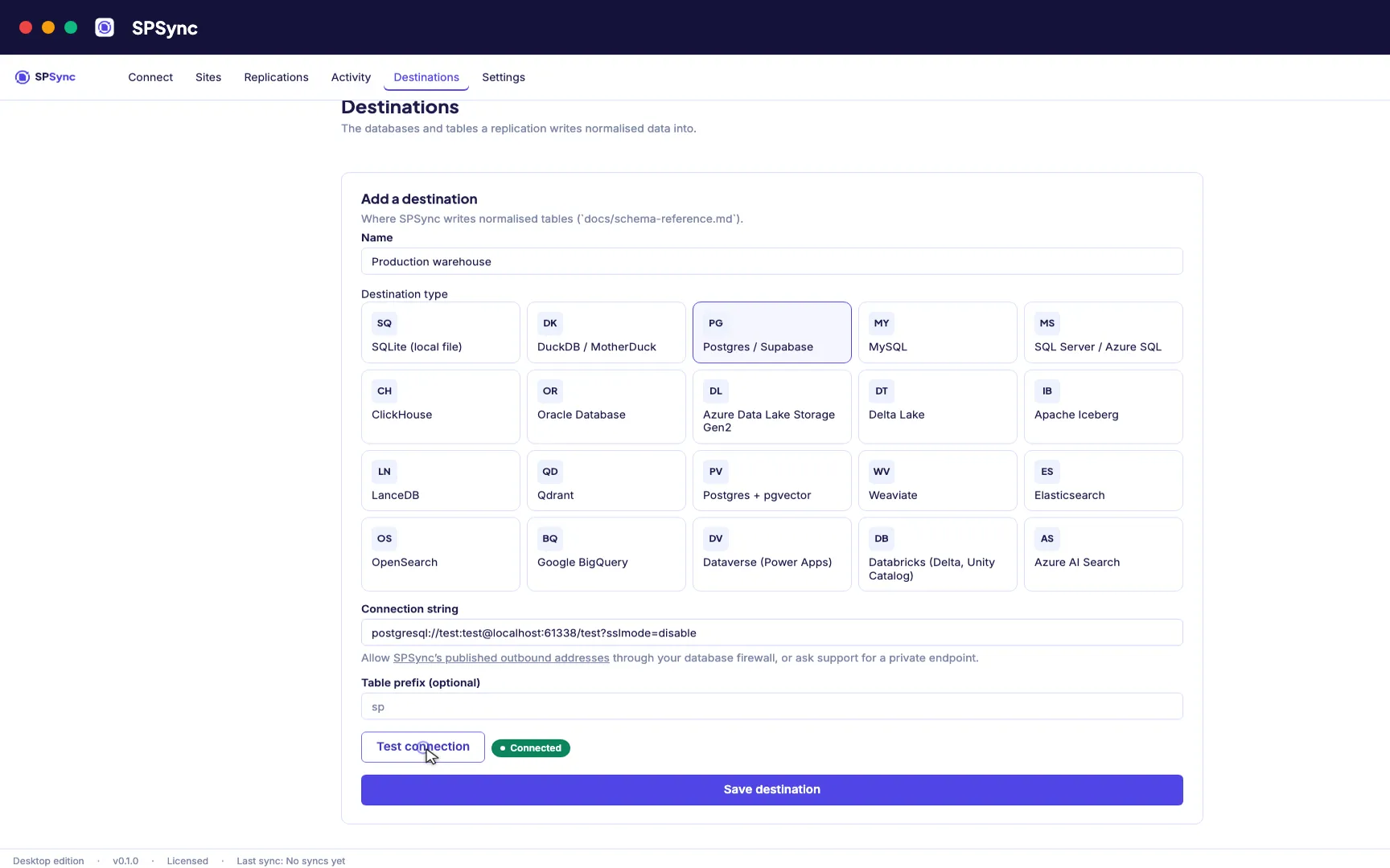 Point at SQL Server or Postgres. SPSync creates and maintains the schema.