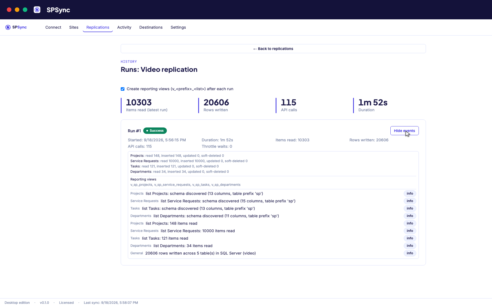 Run history in the desktop app: rows read and written per run, and errors named by list, on the same run engine and per-list metrics the command line prints and Azure carries in every run row.