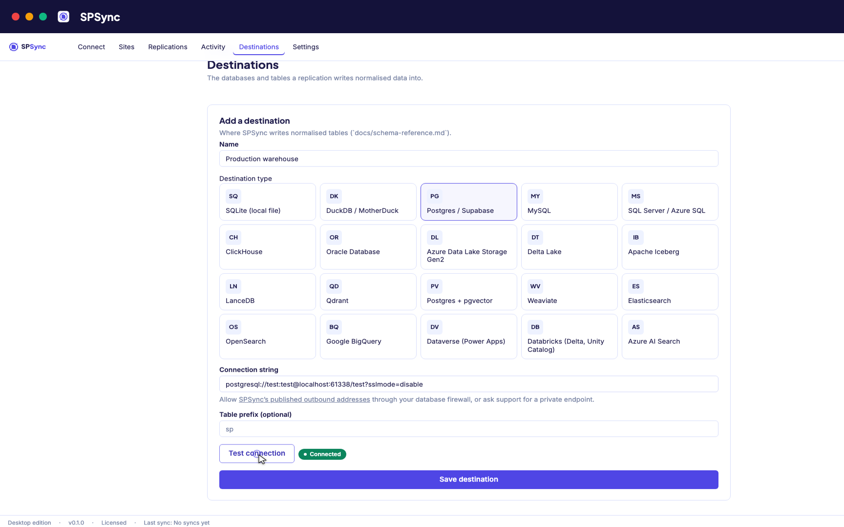 Point at your database. Test the connection, then SPSync creates and maintains the schema.