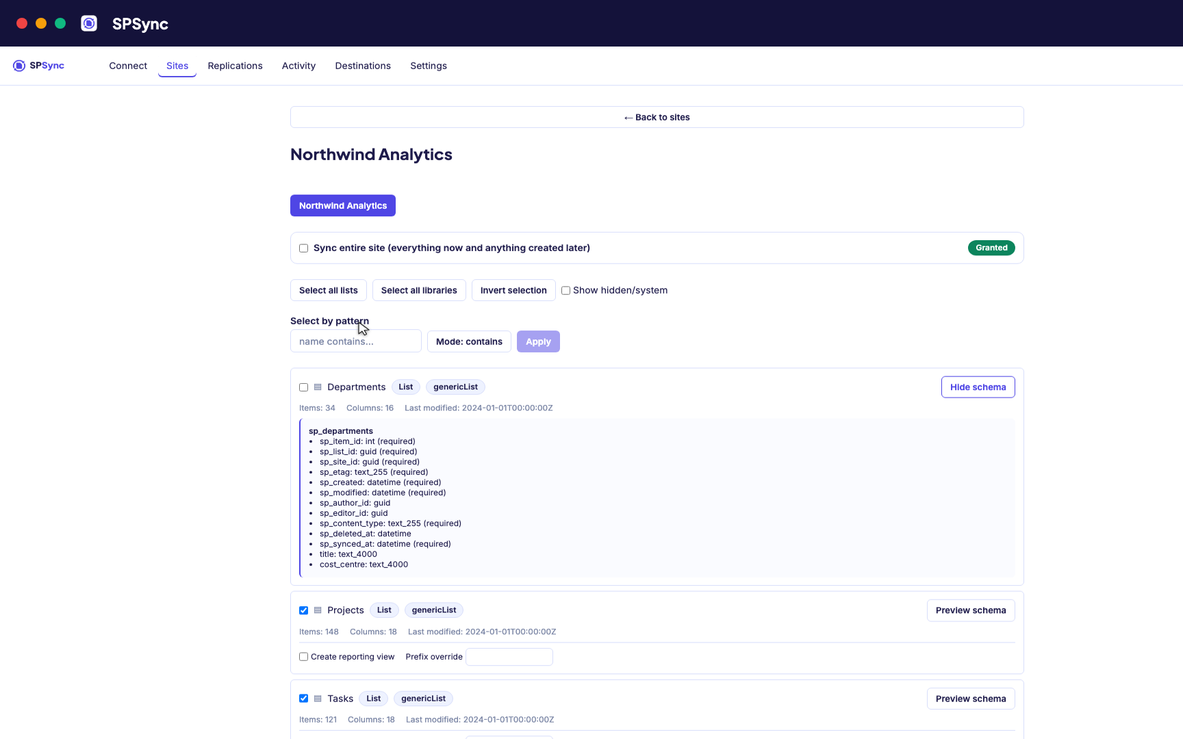 Tick lists individually, pick by name pattern, or sync the whole site, with a schema preview.