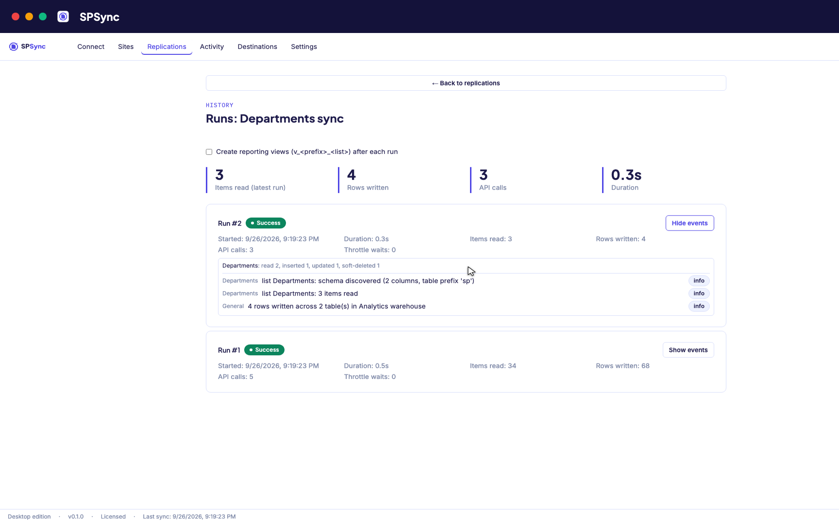 Every run's per-list counts: rows read, inserted, updated and soft-deleted.